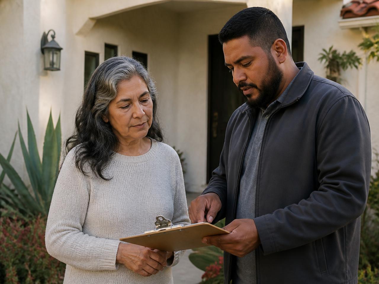 A professional reviewing written findings on a clipboard with a homeowner outside a house