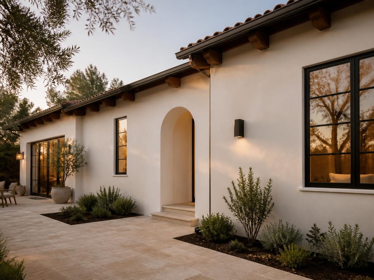 Southern California home exterior with stucco walls and exposed wood roof beams in late-afternoon light