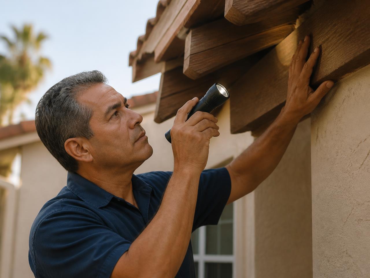 Inspector examining the wooden eaves and framing of a home exterior with a flashlight